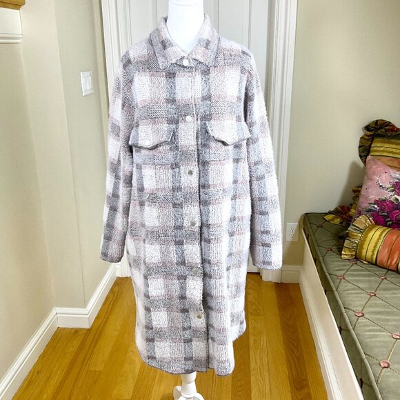 Anthropologie Jacket Shacket Plaid Eyelash Pockets Gray Pink Longline Pilcro (M) - Picture 1 of 9